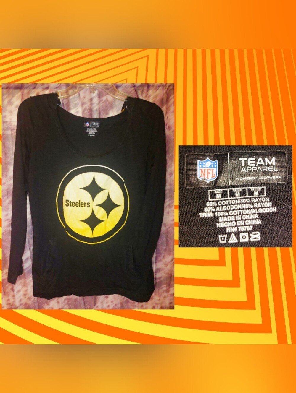 NFL Black/Multiclr Pittsburgh Steelers Crew Neck L/S Hoodie Soft Knit Top Sz Med